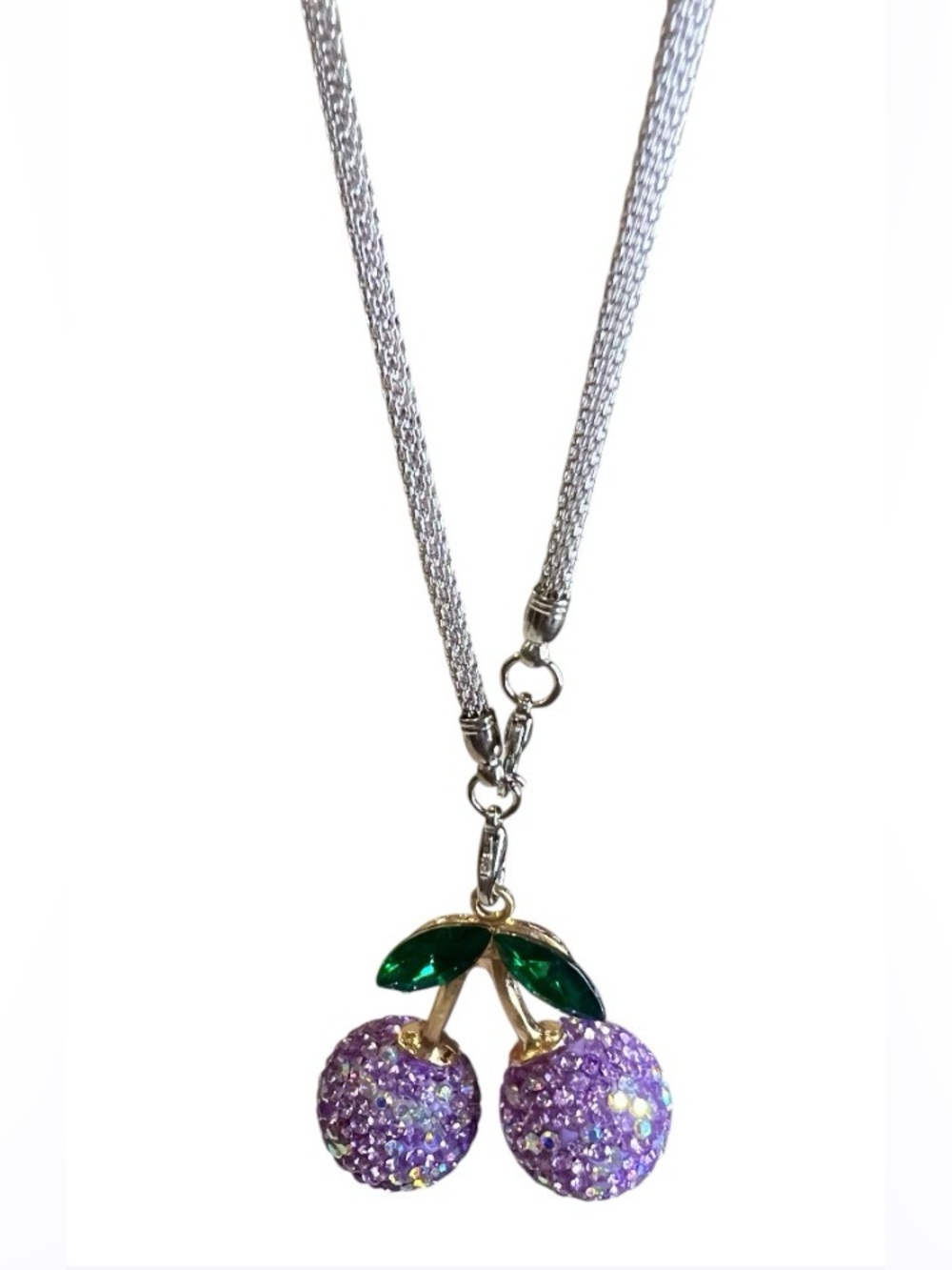 Cherry Rhinestone Car Rear View Mirror Purple Pendant w/ Crystal Leaf NWT